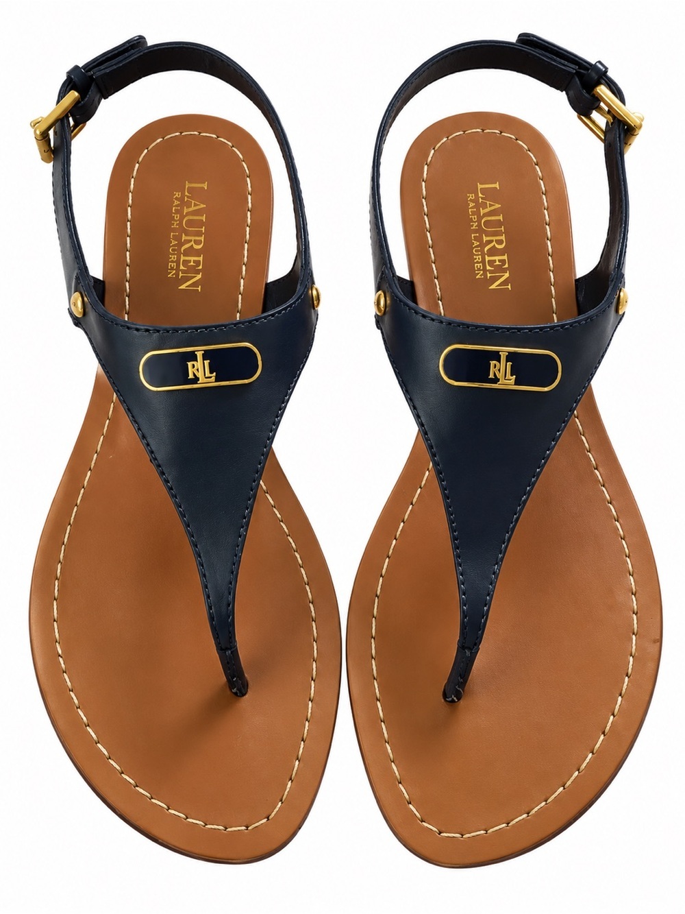 Lauren Ralph Lauren Navy Leather T-Strap Sandals Gold RL Size 7.5